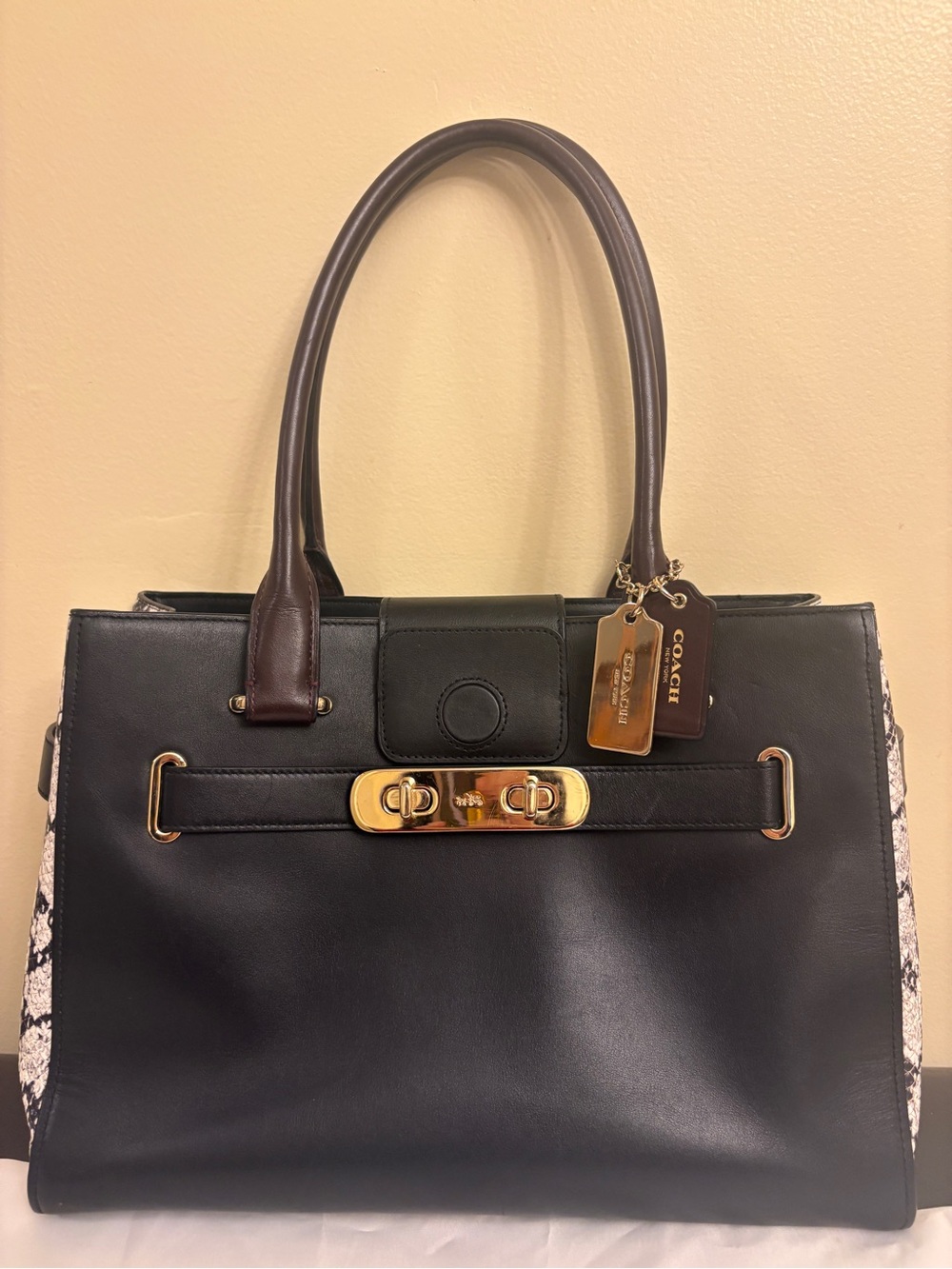 Coach Swagger 37 Black Brown Leather Snakeskin Satchel Handbag Gold Luxe HTF